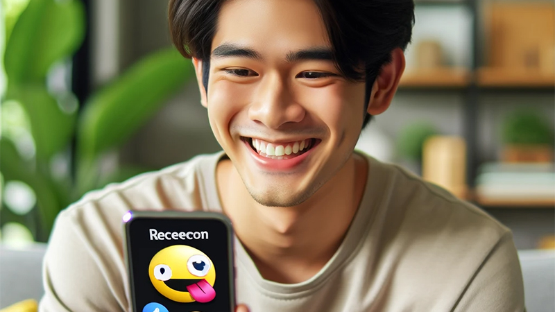 스마트폰으로 광고를 보며 웃고 있는 남자 이미지